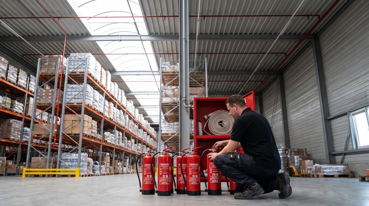 Agent de sécurité incendie vérifiant des extincteurs dans un entrepôt logistique