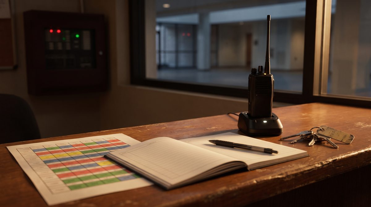 Planning des vacations, main courante et radio sur le bureau d'un poste de sécurité
